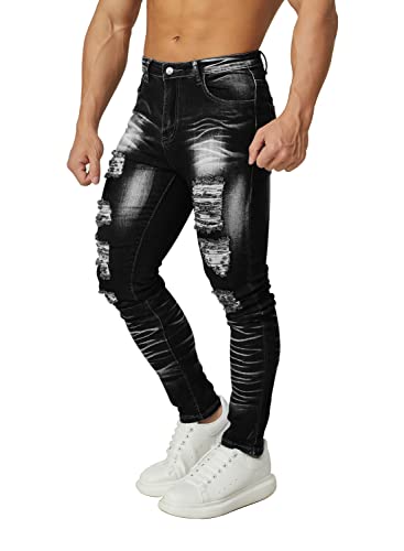 Hungson Men's Stretchy Ripped Skinny Jeans Taped Slim Fit Denim Jeans #TOP1