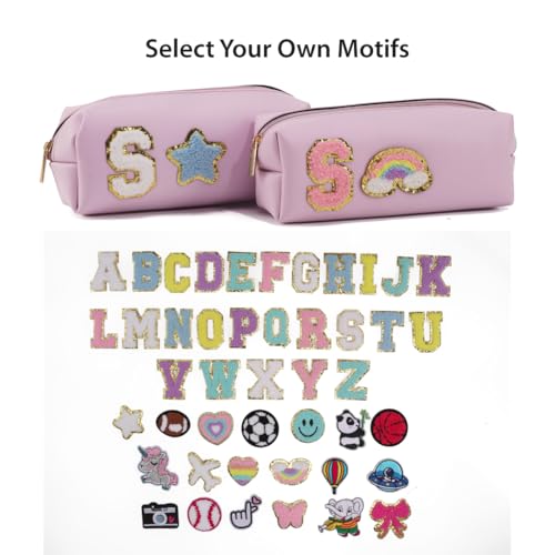 Image of AICA Gifts Personalized Leather Pencil Pouch (Purple) with Embroidered Alphabet & Patch | Pencil Pouch for Kids | Birthday Gift | Birthday Return Gift |Gift for Kids Age 6-10
