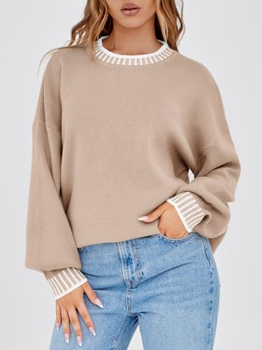 Saodimallsu Womens Oversized Sweaters Crewneck Color Block Winter Sweater Lantern Sleeve Side Slit Knit Pullover Tops3