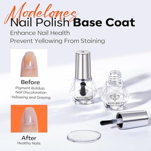 modelones 2 Pcs No Wipe Top Coat and Base Coat Nail Polish Set, Clear Quick Dry Nail Polish High Shine Long Lasting Glossy Regular Nail Lacquer Air Dry Fast Base Top Coat Nail Art 5 ML