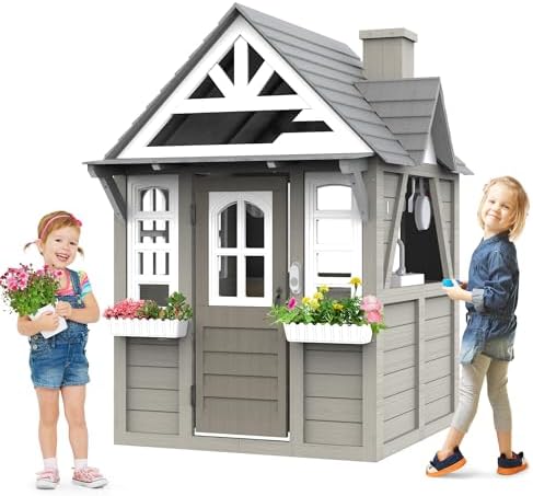 Seizeen Outdoor Kids Playhouse, All Fir Gray Modern Wooden Playhouse, Indoor Outdoor Cottage Play House w/Sink, Stove, Cookware, Flowerpot Holders, Working Doorbell, for Kids Ages 3-8 (Gray)
