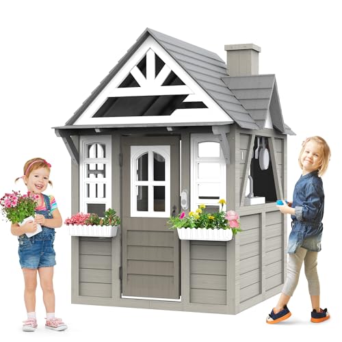 Seizeen Outdoor Kids Playhouse, All Fir Gray Modern Wooden...