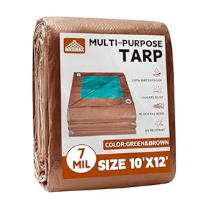 Tarp 10×12 ft 100% Waterproof 7mil Durable Grommets and Reinforced Edges,Uv Resistant,Green/Brown Tarp,Emergency Rain Shelter,Outdoor Cover and Camping Use -by MVPNET