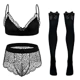 Mens Sissy Lingerie Outfits Crossdress Bra Panties Stockings 3 Pcs Crossdressing Nightwear Sheer Mesh Floral Underwear Set for Male Gay