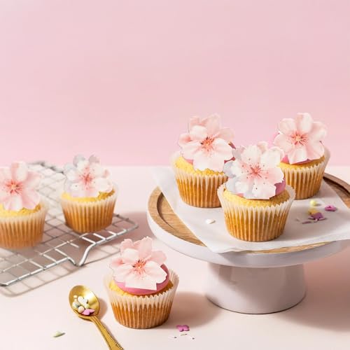Gyufise 54Pcs Edible Cherry Blossoms Cake Decorations Edible Cherry Blossoms Cupcake Toppers Wafer Paper Flowers Cake Toppers for Baby Shower Kids Birthday Party Cake Food Decorations Supplies Pink