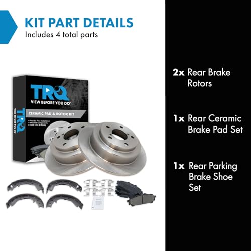 Image of TRQ Rear Ceramic Brake Pad and Rotor Set Includes Parking Brake Shoes Compatible with 04-07 Subaru Forester 04-07 Impreza Outback Sport H4 2.5L 06-07 2.5i 04-05 RS