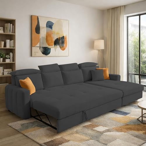 Image of Casaliving Gagnon RHS 6 Seater L Shape Corner Sofa Cum Bed for Living Room (Black Fabric) Premium Fabric Sofa