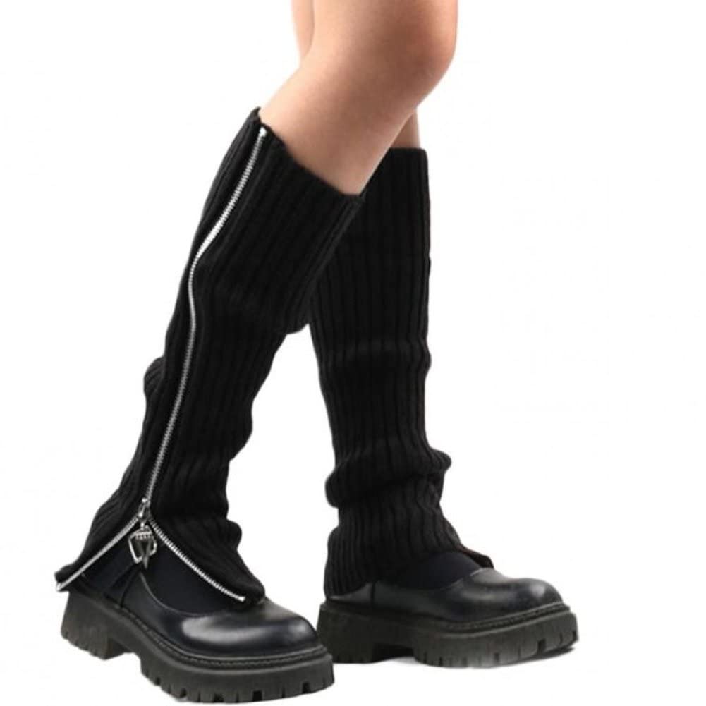 Wudaizhi Women Gothic Punk Ribbed Knitted Leg Warmers Harajuku Side Zipper Up Solid Color Boot Socks Student Knee High Foot Cover