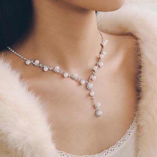 Unicra Silver Pearl Bridal Wedding Jewelry Set Rhinestone Necklace Earrings Bracelet Sets Formal Costume Jewelry for Women and Brides4