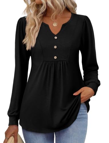 Image of Zeagoo Womens Long Sleeve Tops Fall V Neck Shirt Casual Pleated Tunic Top