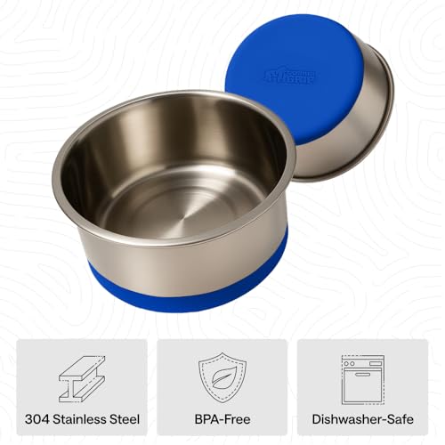 Image of GORILLA GRIP Dog Bowls, Food Grade 304 Stainless Steel, Holds 2 Cups Each (16 fl oz) Food and Water Bowl for Feeding Dogs and Cats, Dishwasher Safe, Rust Resistant, BPA Free Rubber Base Set of 2 Blue
