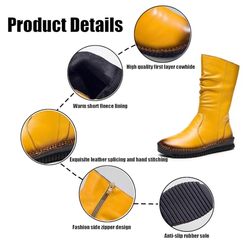 WENOREG Women's Hand Stitching Pleated Flat Mid Calf Boots,Fashion Leather Stitching Side Zipper Comfort Outdoor Anti-slip Work Walking Winter Boots Keep Warm Plush Lining Platform Boots2