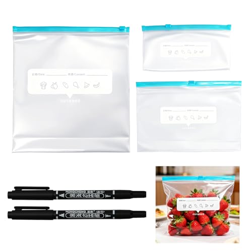 Bolsas Congelacion (90 Unidades), Buenas Bolsas con Cierre Zip, Con 2 Marcadores de Aceite de Doble Cara (40 Pequeñas, 30 Medianas Y 20 Grandes), Ideales Para Almacenar y Organizar Alimentos