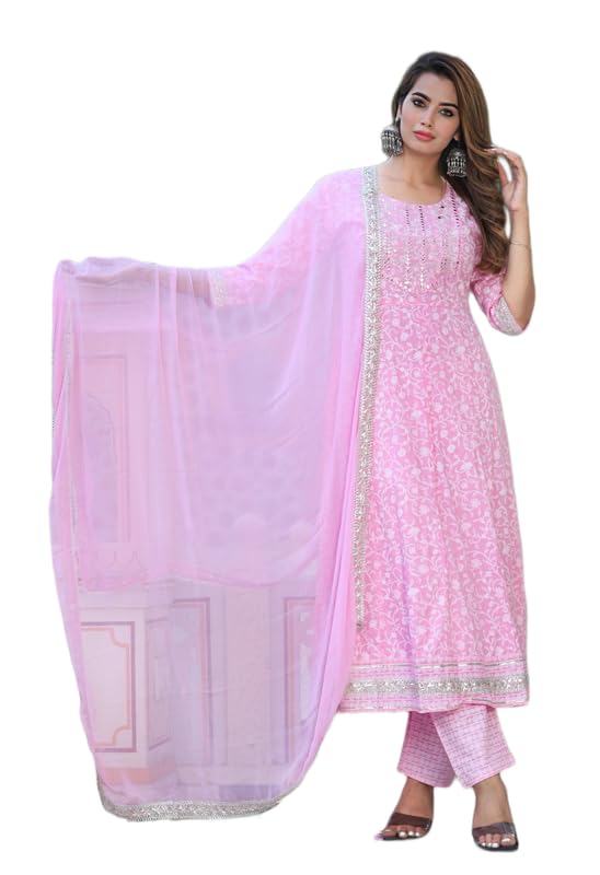 Image of NASRO Women's Viscose Rayon Printed Embroidered Round Neck 3 /4th Sleeves Anarkali Kurta & Pant Suit Set /Salwar Suit Set (Purple)