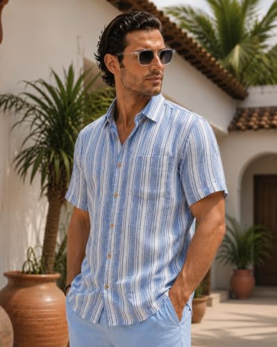 Image of Majestic Man Men's Pure Cotton Striped Half Sleeve Slim Fit Casual Shirt for Men