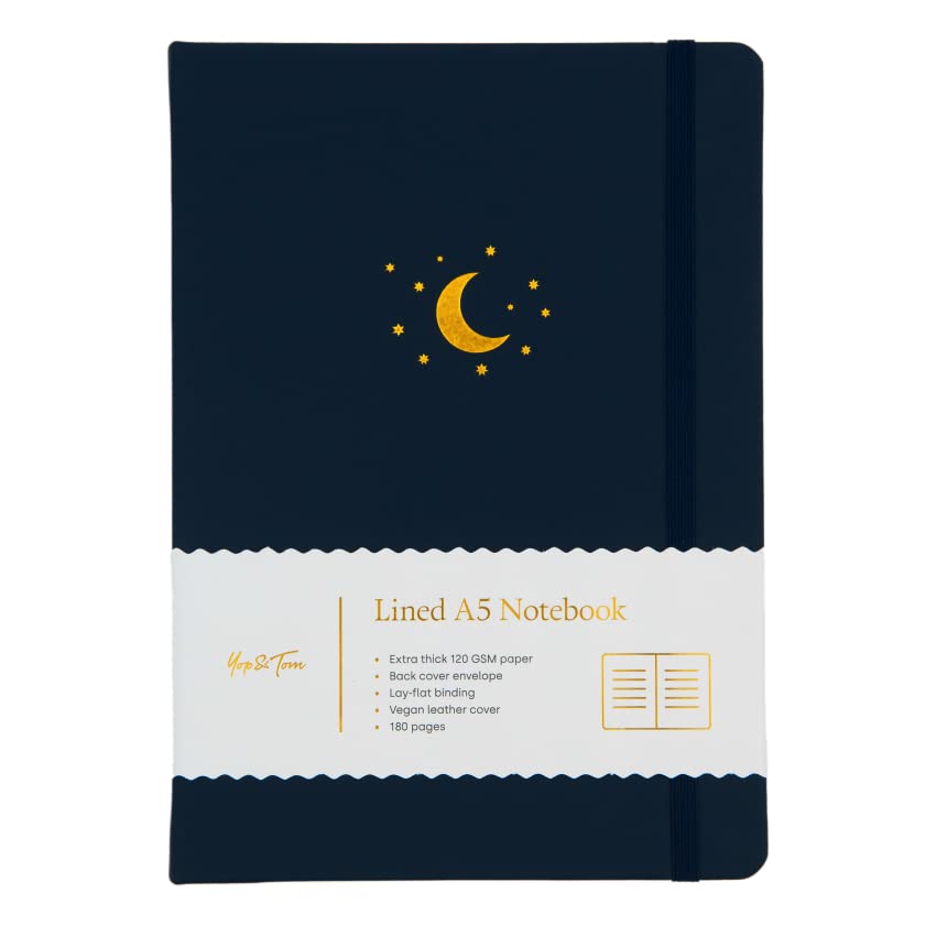 Yop & Tom A5 Lined Journal - Notebook with Vegan Leather Cover and Moon & Stars Emblem - Midnight Blue