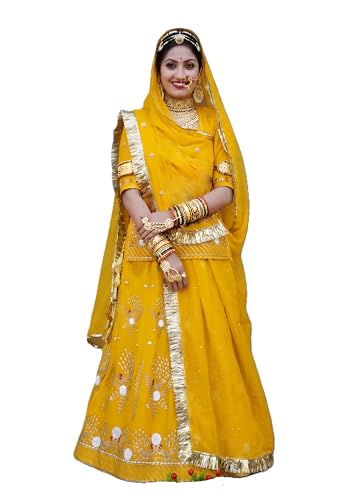 Image of Fancy Heavy Embroidery Work Shimmer Silk Semi-stitched Rajasthani Poshak Rajputi Lehenga Choli For Women