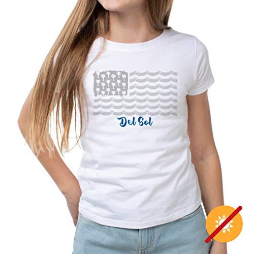 Del Sol Color Changing Youth Girls Crew Tee, Tropical Americana, White, Size YXL4