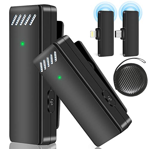 2 Pack Wireless Lavalier Microphone for iPhone iPad Android, 2 Mics & 2 Receivers w Protective Case, Cordless Lapel Mic for TikTok YouTube Live Stream Vlog Video Recording, Plug-Play, Noise Reduction