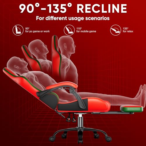 Image of Czlolo Gaming Chair, Lumbar Support Massage Computer Chair, High Back Gamer Chair, with Footrest and Headrest, Lumbar Pillow, Recline, Wide Seat, Gaming Chairs for Christmas /Birthday Gifts, Red