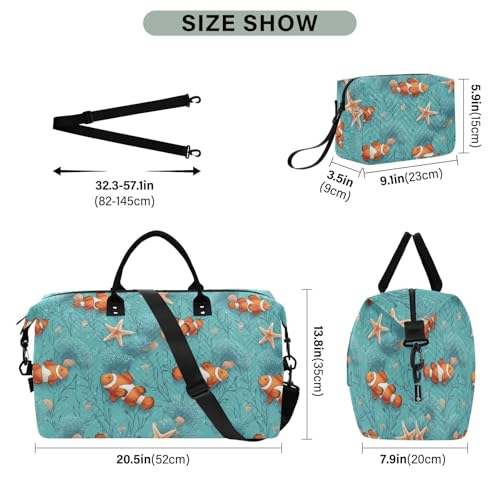 Clownfish Starfish Blue Coral Reef Large Travel Duffle Bag Weekender Overnight Bags Gym Yoga Bag for Women Men with Toiletry Bag3