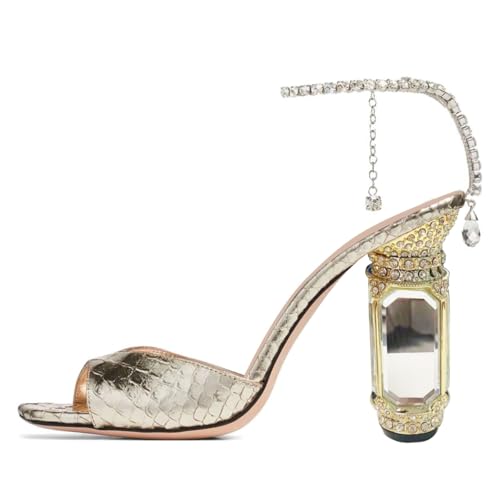 FSJ Women Square Open Toe Heeled Sandals Crystal Chain Ankle Strap Pumps Rhinestone Buckle Jewel Chunky High Heels Party Bridal Shoes Size 4-16 US2