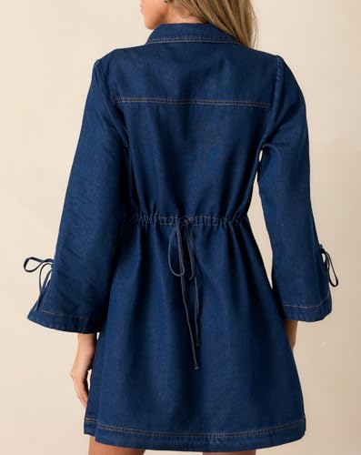 Womens Denim Shirt Dress Collared V Neck Bell Long Sleeve Mini Casual A-line Jean Dresses with Bow3
