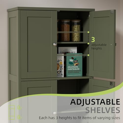 Image of Vongrasig 42.6 inch Bathroom Storage Cabinet, Modern Floor Cabinet with Doors and Adjustable Shelves, Freestanding Accent Organizer Cupboard for Living Room, Entryway, Kitchen, Green