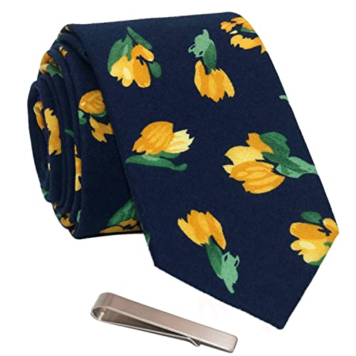 Image of Men's Skinny Tie Floral Cotton Necktie and Tie Bar Clip Sets, Great for Weddings,Groom,Groomsmen