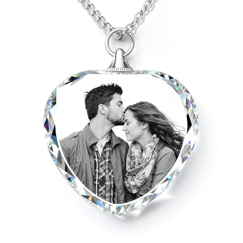Bemaystar Personalised Crystal Necklace with Photo - Custom Necklace with Picture Inside, Laser Engraved Picture, Personalised Photo Gifts for Women, Men, Mum, Dad