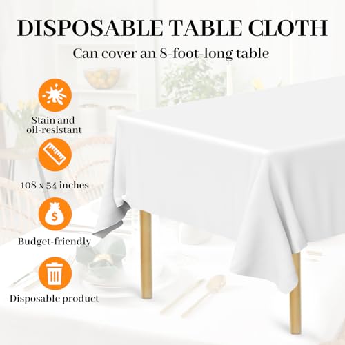 Bouiexye 4 Stück Einweg Tischdecken 137 x 274 cm Tischdecke aus Kunststoff Weiß Rechteckige Tischabdeckung Gartentischdecke für Gastronomie Party Hochzeiten Grillen Picknick