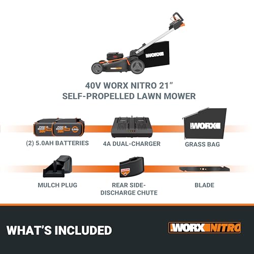 Image of WORX Nitro Cordless Lawn Mower, 21 inch Electric Mower with Variable Speed, Self-propelled Lawn Mower with Aerodeck & Intellicut, 2 x 5.0 Ah Batteries & Charger Included, WG760