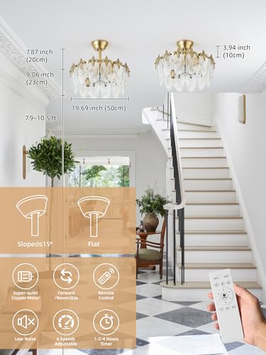 Image of 20 Inch Brass Crystal Fandelier Ceiling Fan with Light, Vintage Bronze Copper Ceiling Fans with Lights Remote Control, Caged with 6 Speeds for Bedroom, Nursery, Living Room