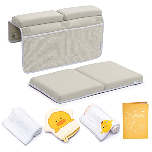 Image of Bath Kneeler with Elbow Rest Pad Set, 1.75 inch Thick Kneeling Pad and Elbow Support for Knee Arm Support, Large Bathtub Kneeling Mat with Toy Organizer for Happy Baby Bathing Time, Beige