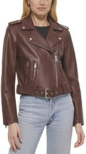 Levi's Women's Faux Leather Belted Motorcycle Jacket (Standard and Plus Sizes), Chocolate Brown, Medium