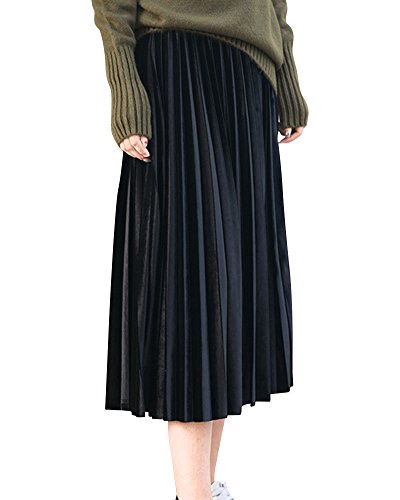 PengGeng Mujeres Falda Largo Terciopelo Stretch De Cintura Elástica Midi Falda Plisada Negro One Size