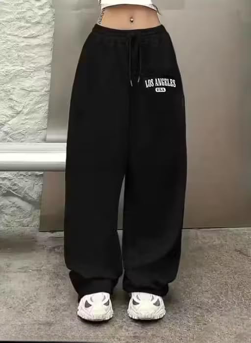 Image of Women's Baggy Jogger Pants | Oversized Loose Fit Sweatpants for Girls | High Waist Drawstring Track Pants | Printed Casual Lounge Wear | Black