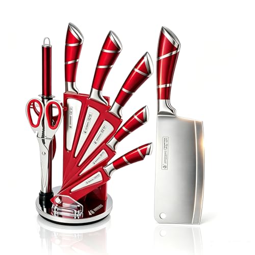 Kitchen Knife Set, 9Pcs Red Knife Set with Rotation Block, Ergonomical Handle,Non Stick Sharp...