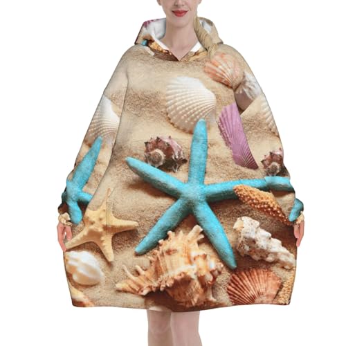 Couverture à capuche en flanelle épaisse avec manches et grande poche imprimé coquillages