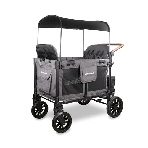 Image of WONDERFOLD W4 Luxe Pro Stroller Wagon (4 Seater) - Collapsible Wagon Stroller with Seats Featuring 5-Point Safety Harnesses and Adjustable Sun Canopy, Charcoal Gray