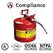Justrite 5 Gallon Type II Red Safety Gas Can for Gasoline with Flame Arrester, Self-Closing Lid, and 5/8