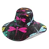 Kigai Sun Beach Hat Dragonfly Colorful Flower Wide Brimmed Sunhats with Chin Strap Water-Resistant S