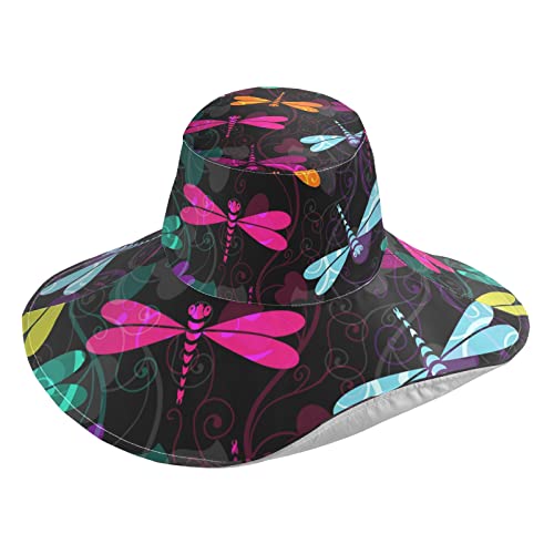 Kigai Sun Beach Hat Dragonfly Colorful Flower Wide Brimmed Sunhats With Chin Strap Water-Resistant Summer Hat Upf Visor Uv Protection Cap For Women Outdoor Fishing Camping #TOP30