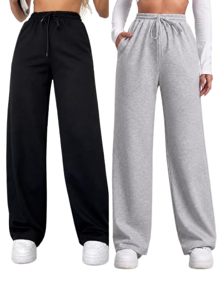 women’s wide leg high waist drawstring trouser & baggy pants combo – pack of 2
