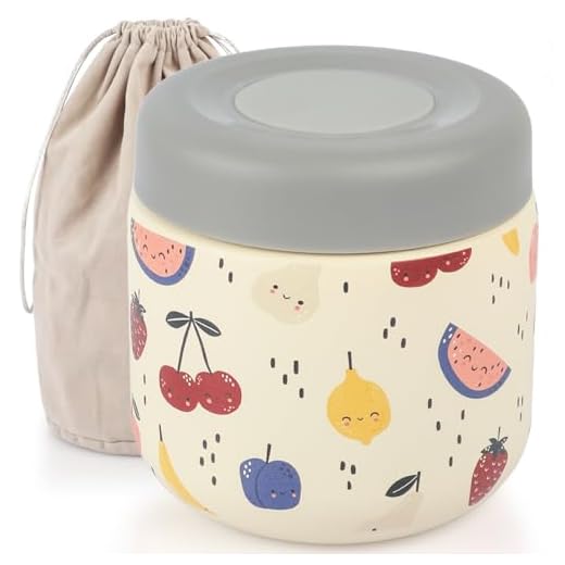 AUROAY Termo Comida Bebe 350ml con Diseño Frutas, Acero Inoxidable Doble Pared - Cierre Hermético Antifugas, Portátil con Bolsa de Transporte, Mantiene Calor/Frío, Fiambrera Térmica Infantil