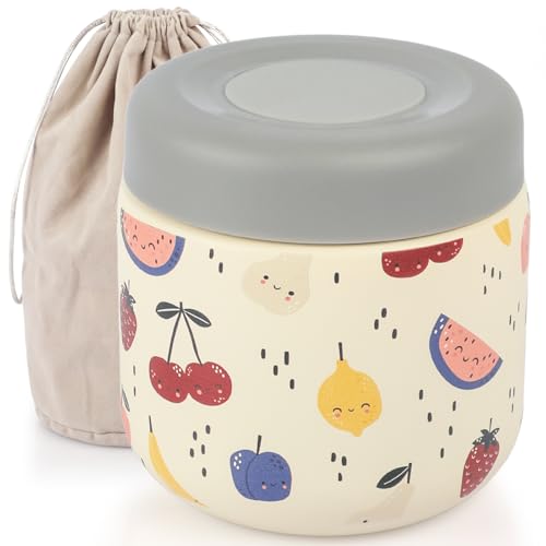 AUROAY Termo Comida Bebe 350ml con Diseño Frutas, Acero Inoxidable Doble Pared - Cierre Hermético Antifugas, Portátil con Bolsa de Transporte, Mantiene Calor/Frío, Fiambrera Térmica Infantil