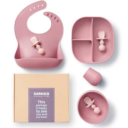 Image of SAMiGO Silicone Baby Feeding Set, Baby Led Weaning Supplies, Suction Bowl Plate Bib Cup Self Feeding Spoons, Solid Food Eating Essentials, First Stage Utensils, 6+ Months