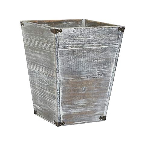 Gray Farmhouse Style Torched Wood Square Waste Bin with Decorative Metal Brackets Trash Can for Bedroom,Living Room, Bathroom & Office Cover
