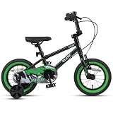 Glerc Razor 12 Cali Rower dla Chłopców 1 2 3 4 Lat, Pierwszy Rower BMX ze Stojakiem, Dzwonkiem i Kółkami Bocznymi, Czarny z zielonymi oponami