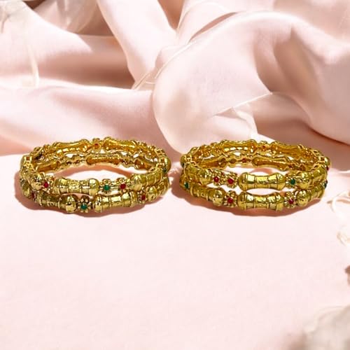Image of ACCESSHER Gold-Plated Traditional Bangles Set with Red & Green Stone Floral Design - Stunning Indian Jewellery for Women and Girls - Accessory (Pack of 4)